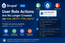 Drupal 11.5 user role actions moved from hook_ENTITY_TYPE_insert to the Configuration API